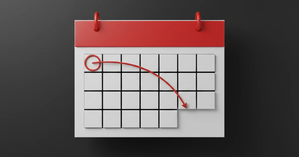 Dos fechas en un calendario unidas por un arco que representa el tiempo transcurrido
