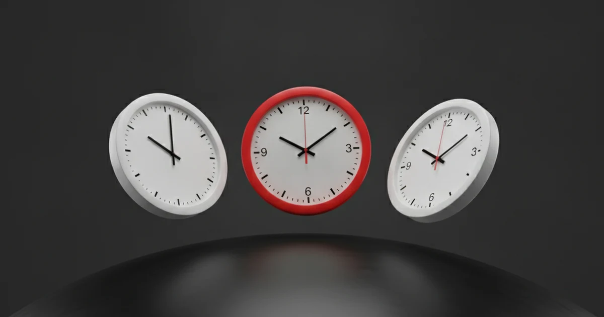 Tres relojes con horas distintas que representan husos horarios