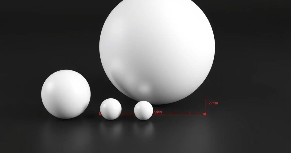 Una esfera blanca grande junto a tres pequeñas sobre fondo negro, medida por una línea roja