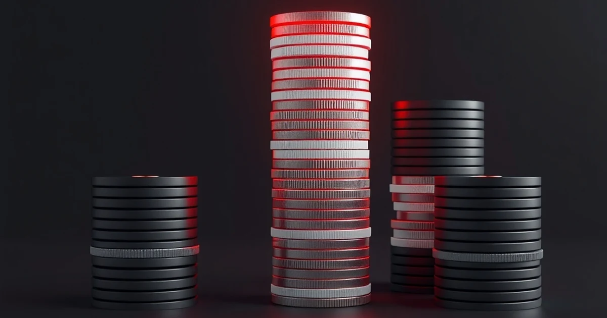 Cuatro montones de monedas de alturas distintas, el más alto iluminado en rojo