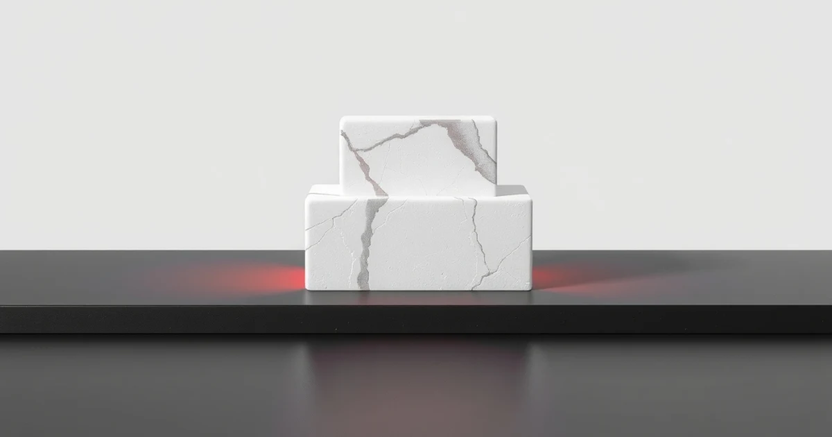 Tres bloques blancos apilados de tamaño decreciente sobre fondo negro con luz roja entre ellos