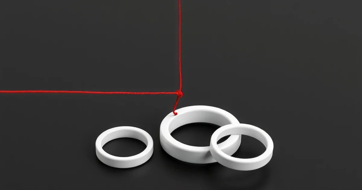 Un hilo rojo pasa en orden por tres anillos blancos de distinto tamaño sobre fondo oscuro