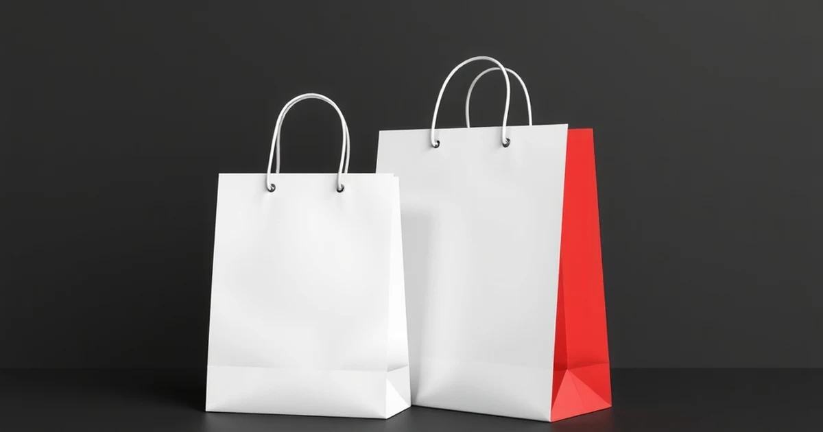 Dos bolsas de papel blancas de distinto tamaño sobre fondo oscuro, una con un lateral rojo