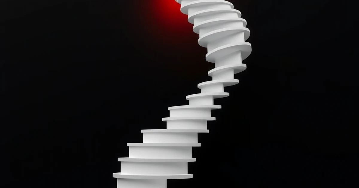 Escalera de caracol de peldaños blancos que se ensancha al subir, sobre fondo negro