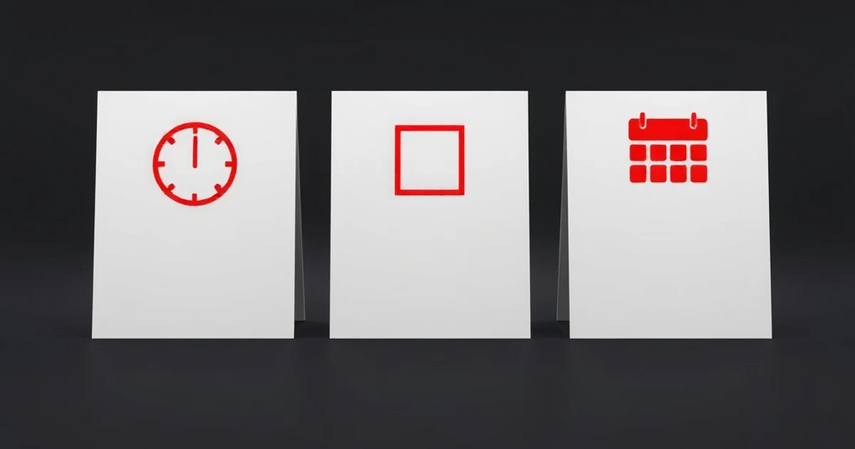 Tres tarjetas blancas con iconos rojos: un reloj, una caja y un calendario