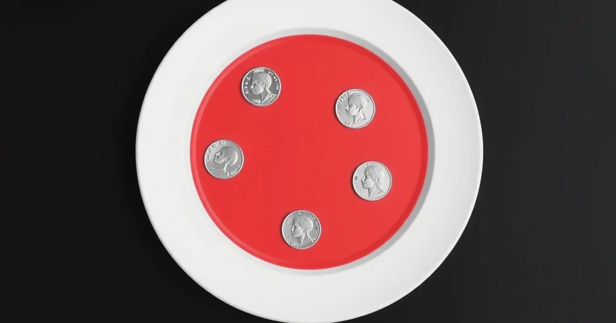 Plato blanco visto desde arriba con monedas plateadas repartidas en tres grupos sobre el borde