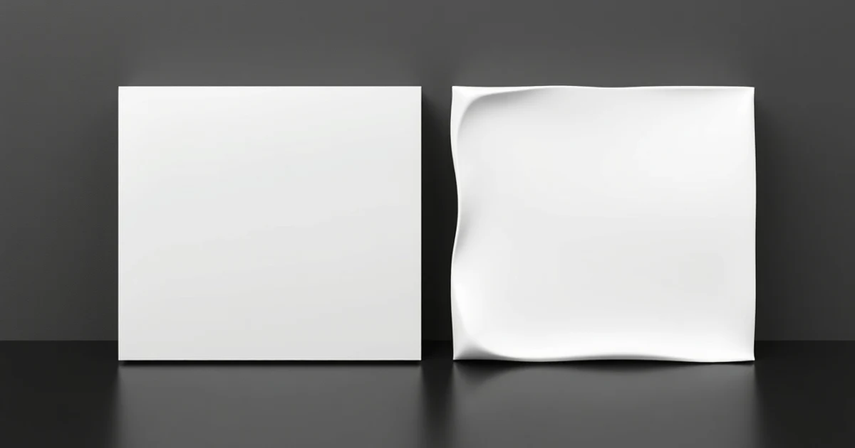 Dos paneles blancos sobre fondo oscuro: uno plano y nítido, otro deformado y ondulado