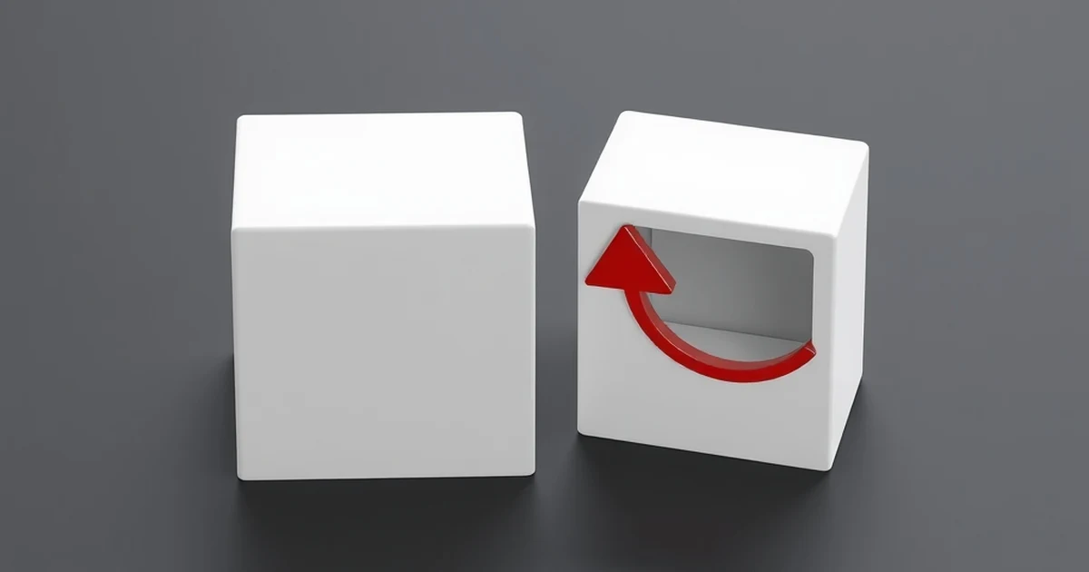 Dos cubos blancos sobre fondo oscuro, el de la izquierda cerrado y el de la derecha abierto con una flecha roja saliendo