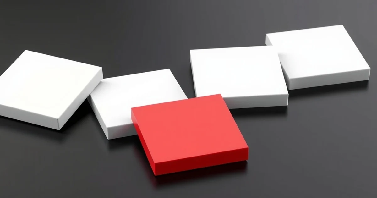 Cuatro muestras cuadradas blancas de distintos acabados sobre una mesa oscura, una con borde rojo