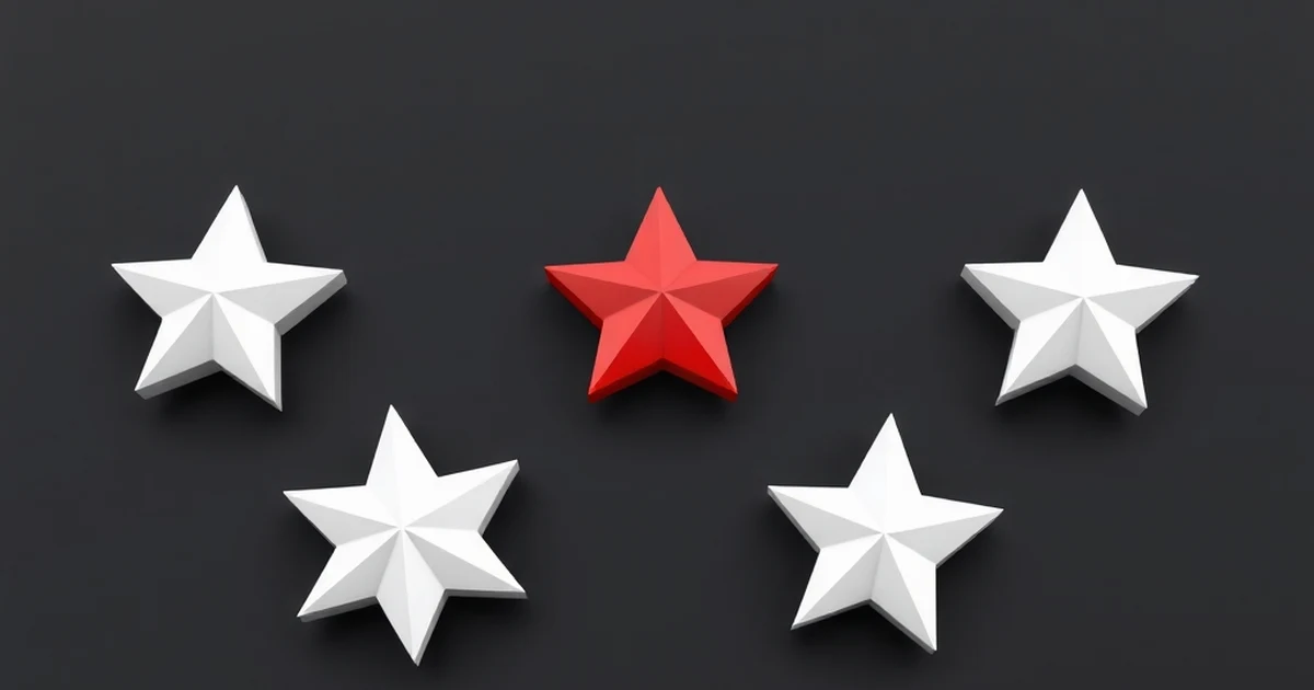 Cinco estrellas blancas en fila sobre fondo negro, la última roja y ligeramente elevada