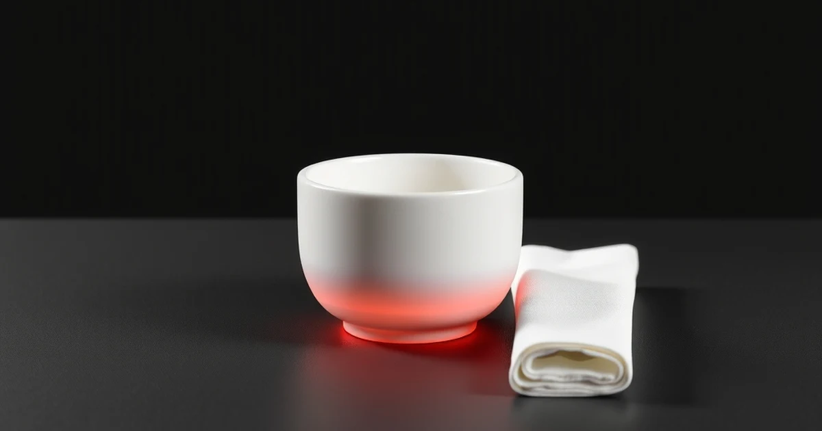 Soporte de cerámica blanca sobre una mesa oscura junto a una servilleta doblada