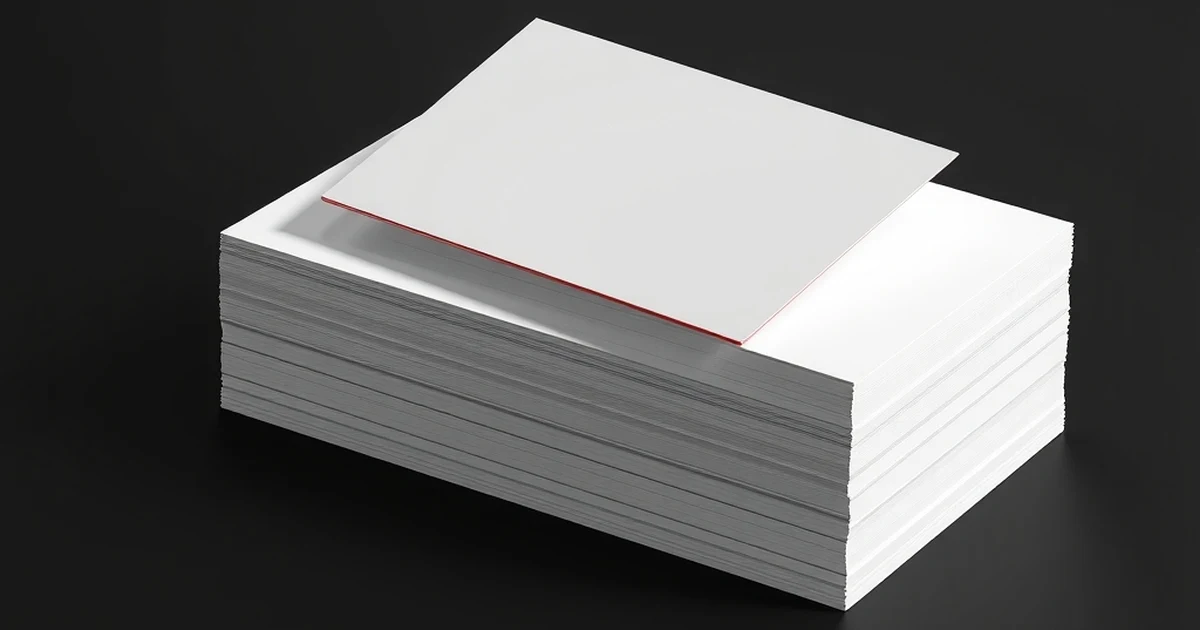 Pila de tarjetas de presentación blancas en blanco sobre fondo negro, la de arriba con el canto rojo