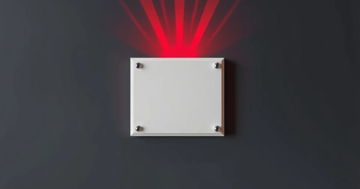 Placa blanca en una pared oscura con un arco de luz roja saliendo de ella
